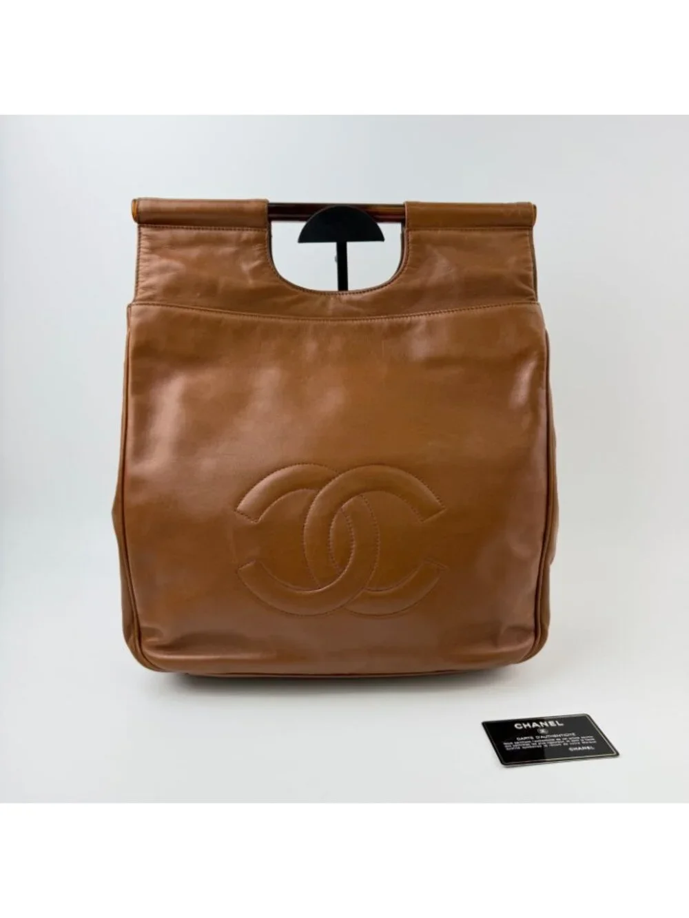 Chanel CC Logo Cutout Handle Handbag Leather Brown Seal Vintage